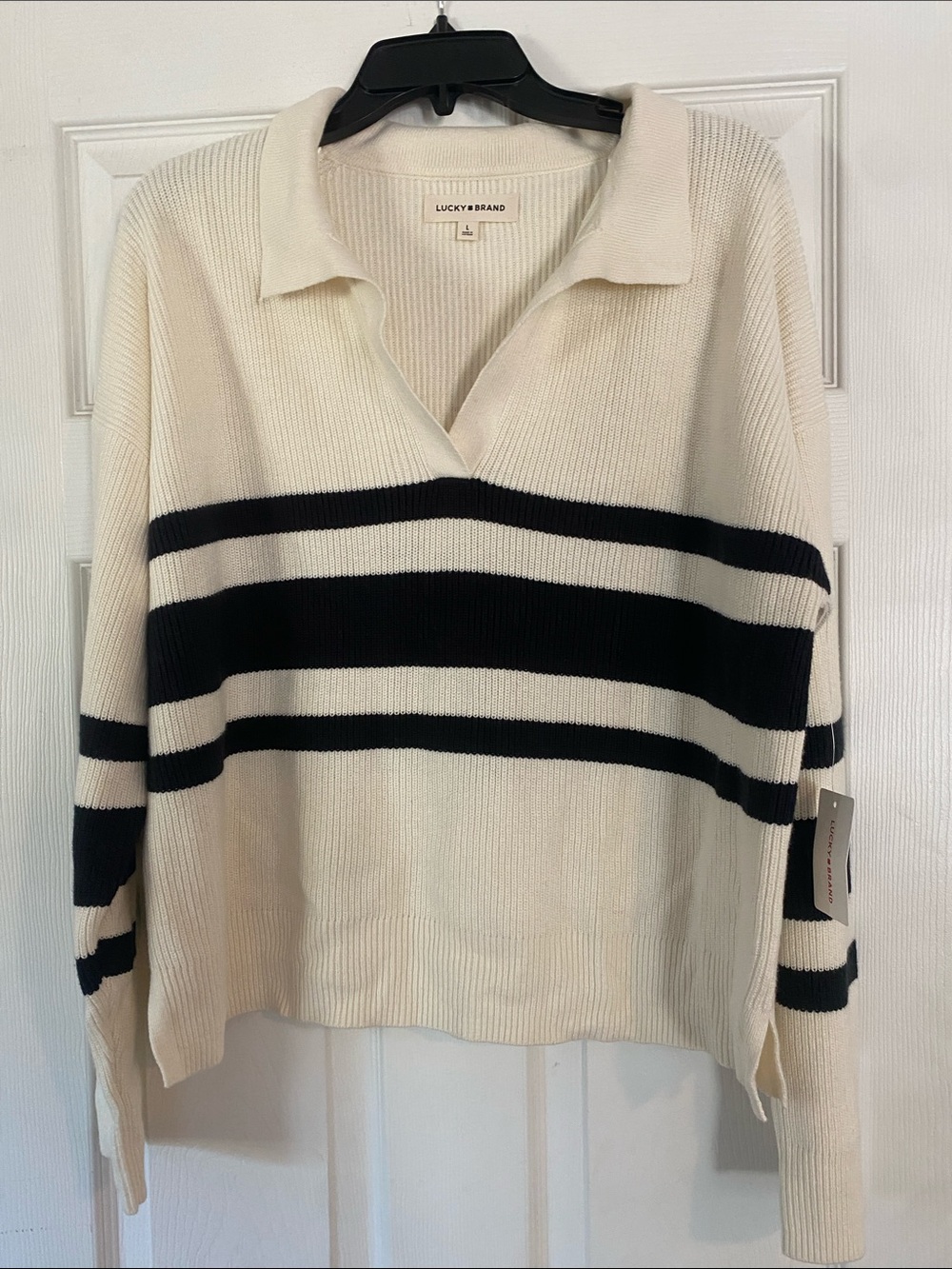 Lucky Brand Cream and Black Striped V-Neck Sweater